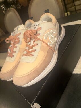 Chanel Women’s Peach Suede & Leather Logo Sneakers 41